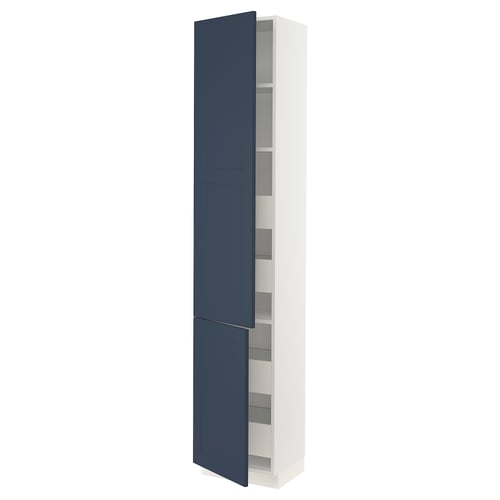 SEKTION tall kitchen cabinet, blue and white, modern design, adjustable shelves, left-opening door.