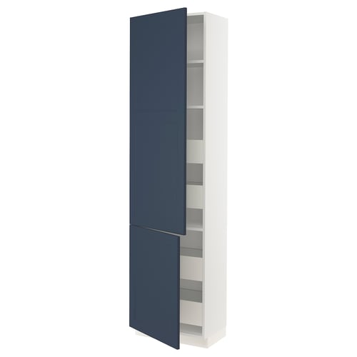 SEKTION kitchen cabinet in blue with white interior, adjustable shelves, and soft-closing doors.