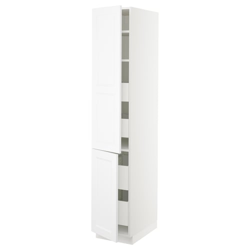 A white SEKTION kitchen cabinet with two doors and glass shelves.