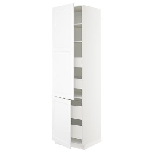 White SEKTION kitchen cabinet with glass doors and adjustable shelves.