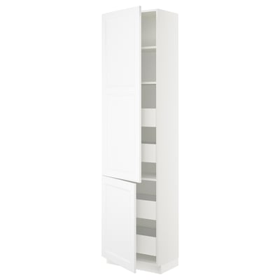White SEKTION tall kitchen cabinet with adjustable shelves, modern design, plastic edges, and a 19mm thick sturdy frame.