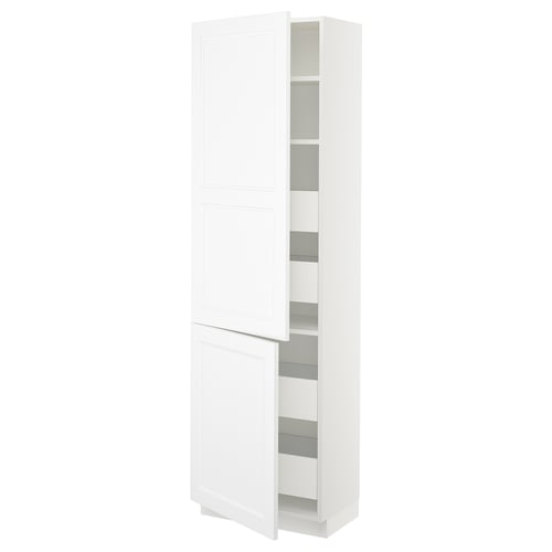 A white SEKTION tall kitchen cabinet with two doors and adjustable shelves. The cabinet is sleek and rectangular, offering ample storage space.
