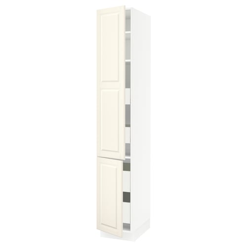 SEKTION white cabinet, off-white doors, adjustable shelves, bevelled edges.