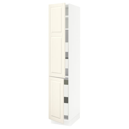 An off-white SEKTION kitchen cabinet with two doors and multiple shelves.