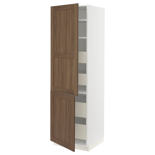 Ikea SEKTION white cabinet with walnut door open, adjustable shelves, 25-year guarantee.