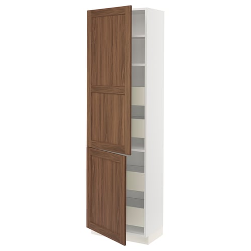Alt: SEKTION kitchen cabinet with walnut door, white frame, adjustable shelves, one open.