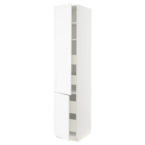 White SEKTION kitchen cabinet with adjustable shelves and a door. Modern design with subtle grain texture.