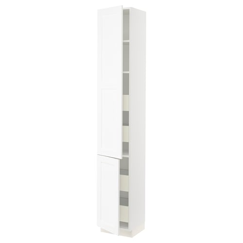 Modern white tall cabinet, sleek design with adjustable shelves.
