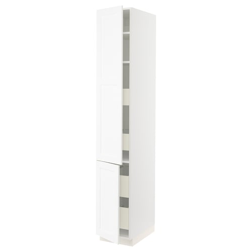 An ikea SEKTION kitchen cabinet in white with adjustable shelves and a door.