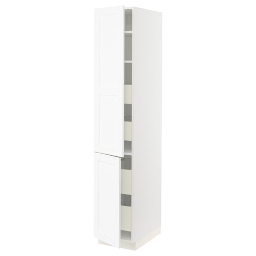 White SEKTION cabinet; sleek, tall, and modern design with adjustable shelves.