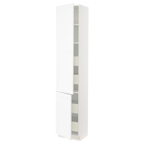 White cabinet from IKEAs SEKTION series. Tall, rectangular, with two swing doors and multiple shelves inside.