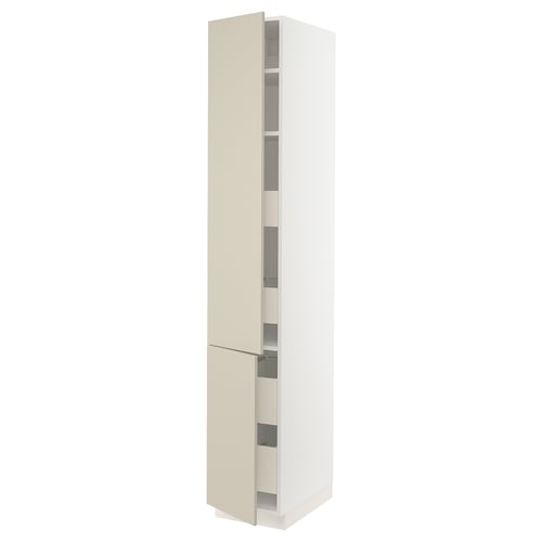 SEKTION kitchen cabinet, beige. Tall, rectangular, four shelves, adjustable, smooth finish.