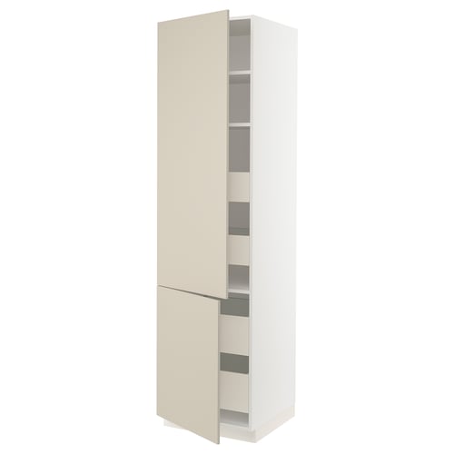 SEKTION tall kitchen cabinet with beige havstorp fronts, featuring a clean, smooth, harmonious design with adjustable shelves and soft-closing doors.