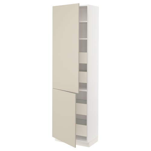 Is of a white SEKTION tall kitchen cabinet with beige doors and adjustable shelves.