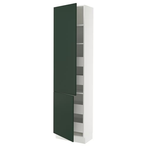 White kitchen cabinet with green doors; tall, adjustable shelves, modern design.