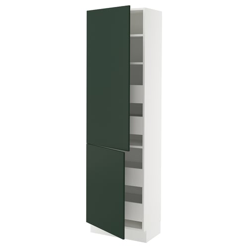 SEKTION kitchen cabinet, tall white, dark green doors, adjustable shelves.