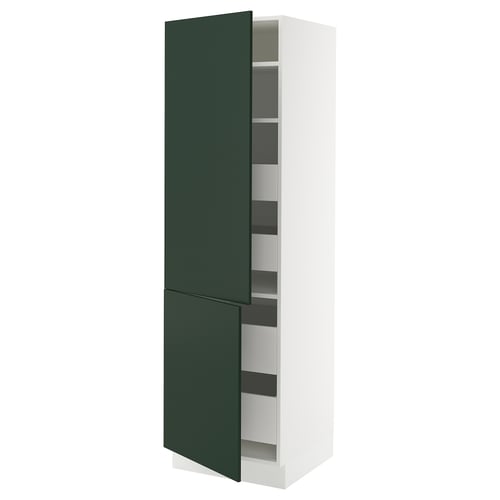 SEKTION tall white kitchen cabinet with green doors and shelves.