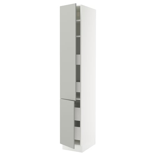 SEKTION kitchen cabinet, light grey sleek modern shelves.