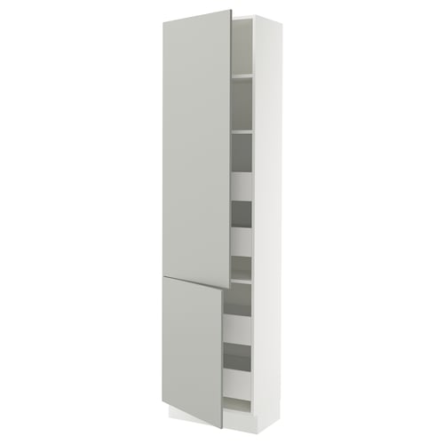 SEKTION kitchen cabinet in light grey with white shelves, rectangular shape, sleek design.