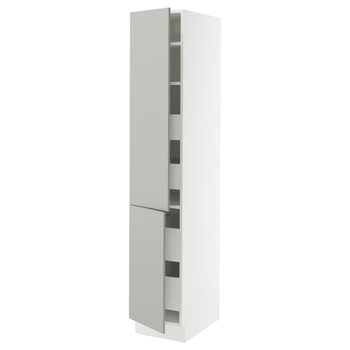 SEKTION tall white kitchen cabinet with multiple shelves, grey interior, and modern light grey doors.