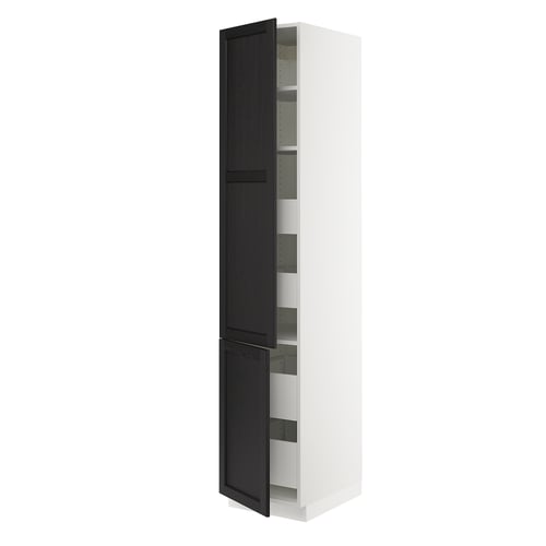 An open white SEKTION kitchen cabinet with black stained wooden doors and shelves.