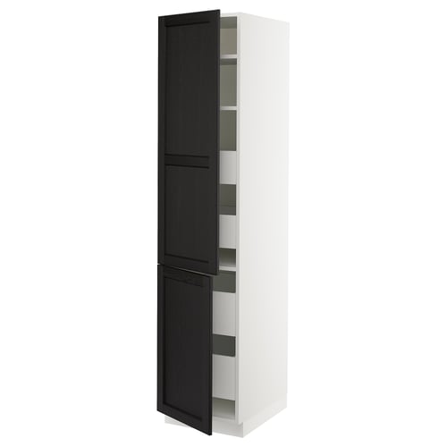 SEKTION kitchen cabinet in white & black; tall, rectangular, adjustable shelves, snap-on hinges.