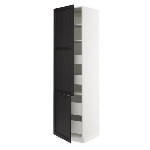 SEKTION kitchen cabinet in black and white, tall with open door, adjustable shelves.