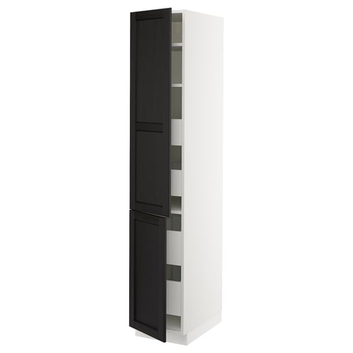 A white SEKTION cabinet with black stained wooden doors, featuring adjustable shelves and a drawer.