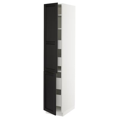 SEKTION / MAXIMERA High cb w 2 doors/shelves/4 drawers, white/Lerhyttan black stained, 15x24x80 "