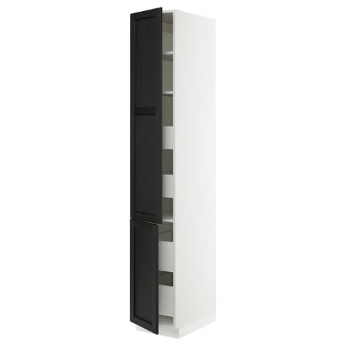 White tall kitchen cabinet with black stained wood door and shelves, modern design.
