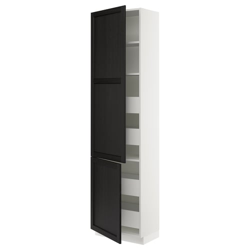 A tall, narrow white cabinet with two dark wooden doors. It has adjustable shelves inside.