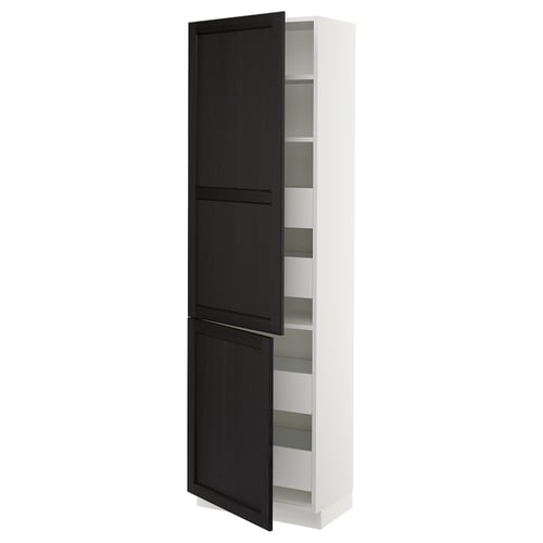 White ikea SEKTION cabinet with black-stained doors, adjustable shelves, one door open.