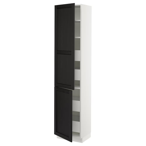 White SEKTION kitchen cabinet with black stained doors and adjustable shelves.