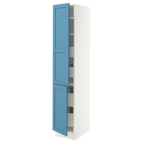 SEKTION tall white cabinet with blue doors, adjustable shelves, and smooth-closing mechanism.