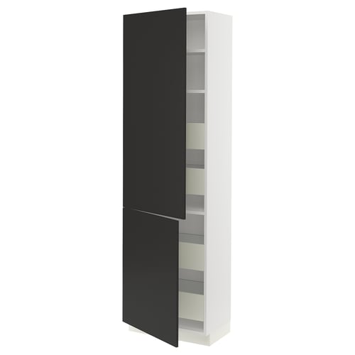 White cabinet, black doors, one open.