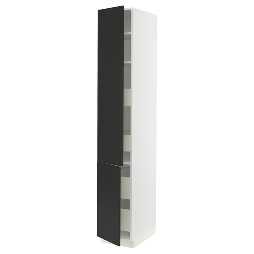 A SEKTION kitchen cabinet in white with black doors. It has a tall, rectangular shape with adjustable shelves behind glass doors.