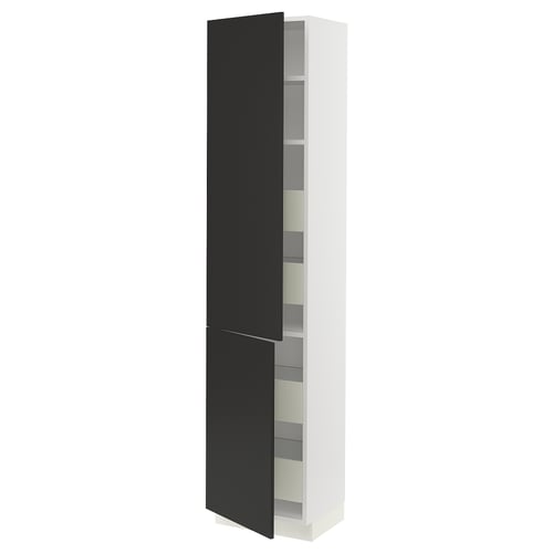 White & black ikea SEKTION kitchen cabinet with shelves & reversible doors.