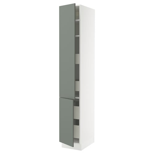 SEKTION kitchen cabinet in grey-green with adjustable shelves and soft-close hinges.
