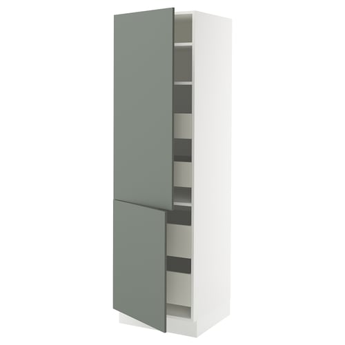 Modern tall kitchen cabinet with green-gray doors and adjustable shelves, sleek design with door damper.