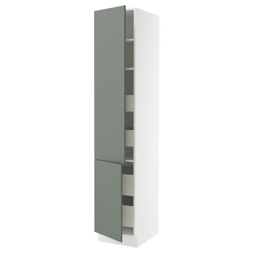 A white and light green SEKTION kitchen cabinet by IKEA. It has adjustable shelves and a modern design.