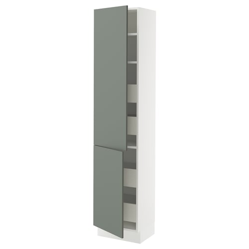 A SEKTION kitchen cabinet in grey-green with adjustable shelves.