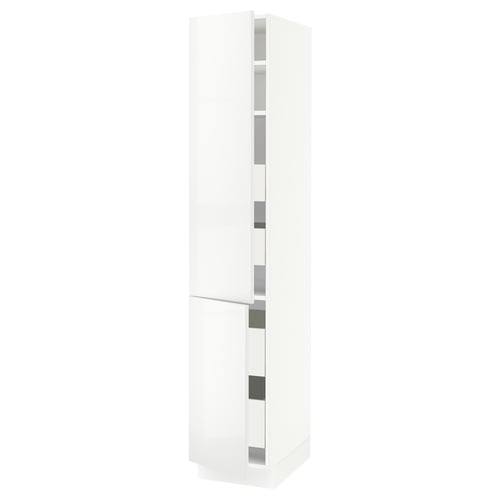 White SEKTION kitchen cabinet with glossy doors and adjustable shelves.