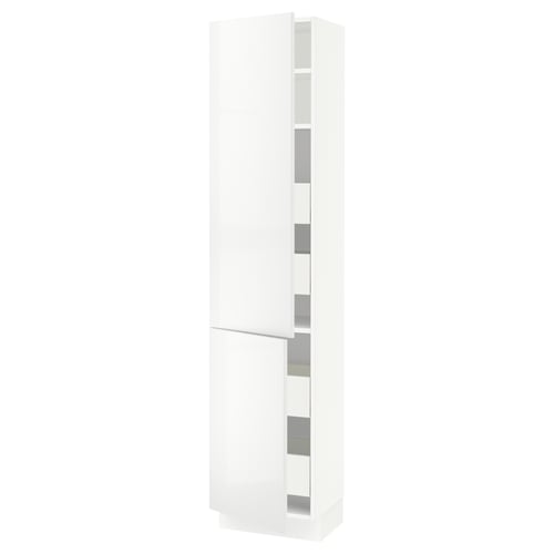 White high-gloss kitchen cabinet with adjustable shelves, sleek modern design.