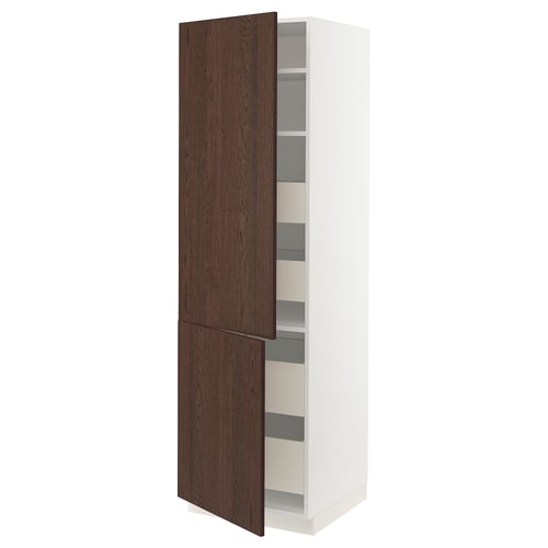 An open white SEKTION kitchen cabinet with dark brown wooden doors and adjustable shelves inside.