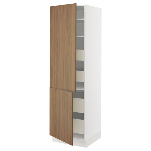 White kitchen cabinet with wooden door, adjustable shelves.