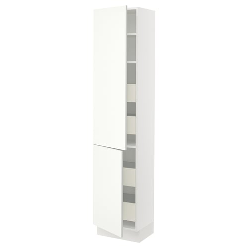 White SEKTION cabinet with glass doors and adjustable shelves.
