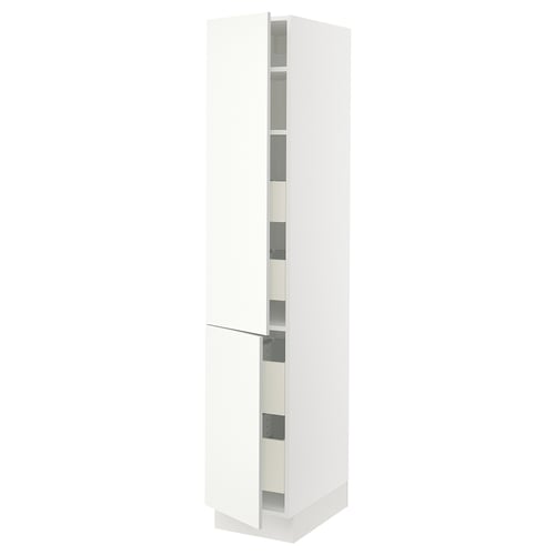 White cabinet from IKEAs SEKTION series, featuring multiple shelves behind a single door with snap-on hinges and a soft-closing mechanism.
