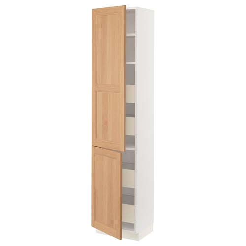 A tall white kitchen cabinet with a light oak door, featuring adjustable shelves inside. The cabinet is sleek and modern.