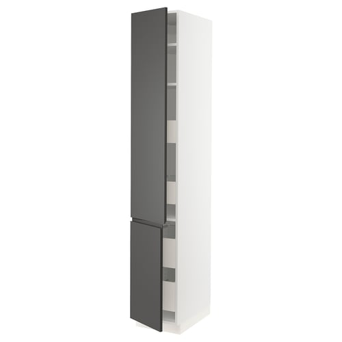 Tall white cabinet with dark grey doors, modern and minimalist design.