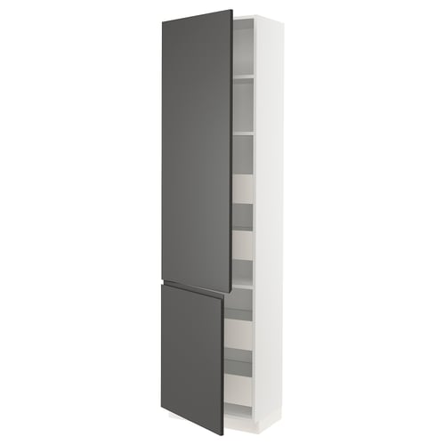 Modern grey kitchen cabinet with snap hinges, adjustable shelves, soft-close drawers, minimalist design.